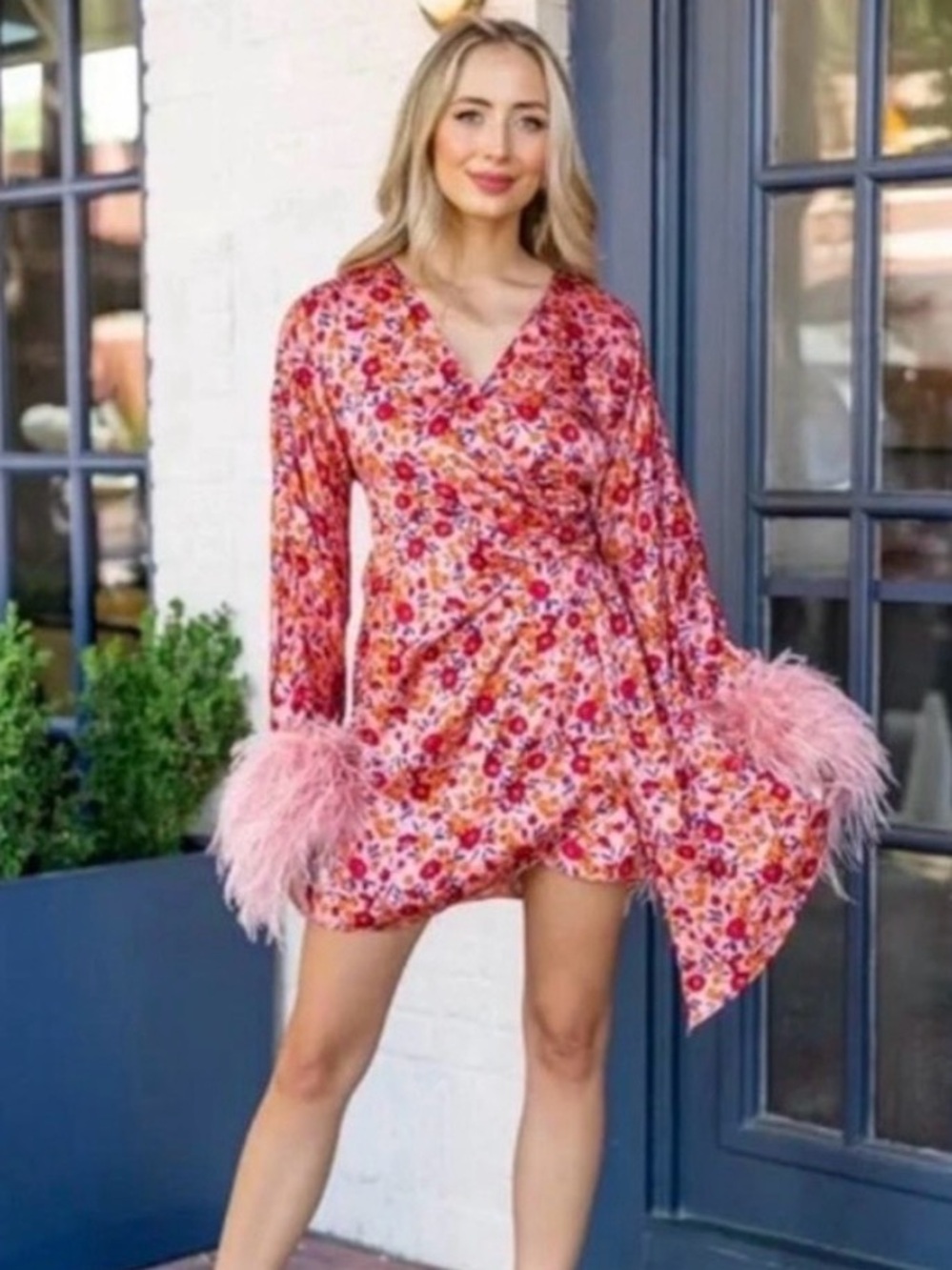 Pink Floral Wrap Dress with Feather Cuffs